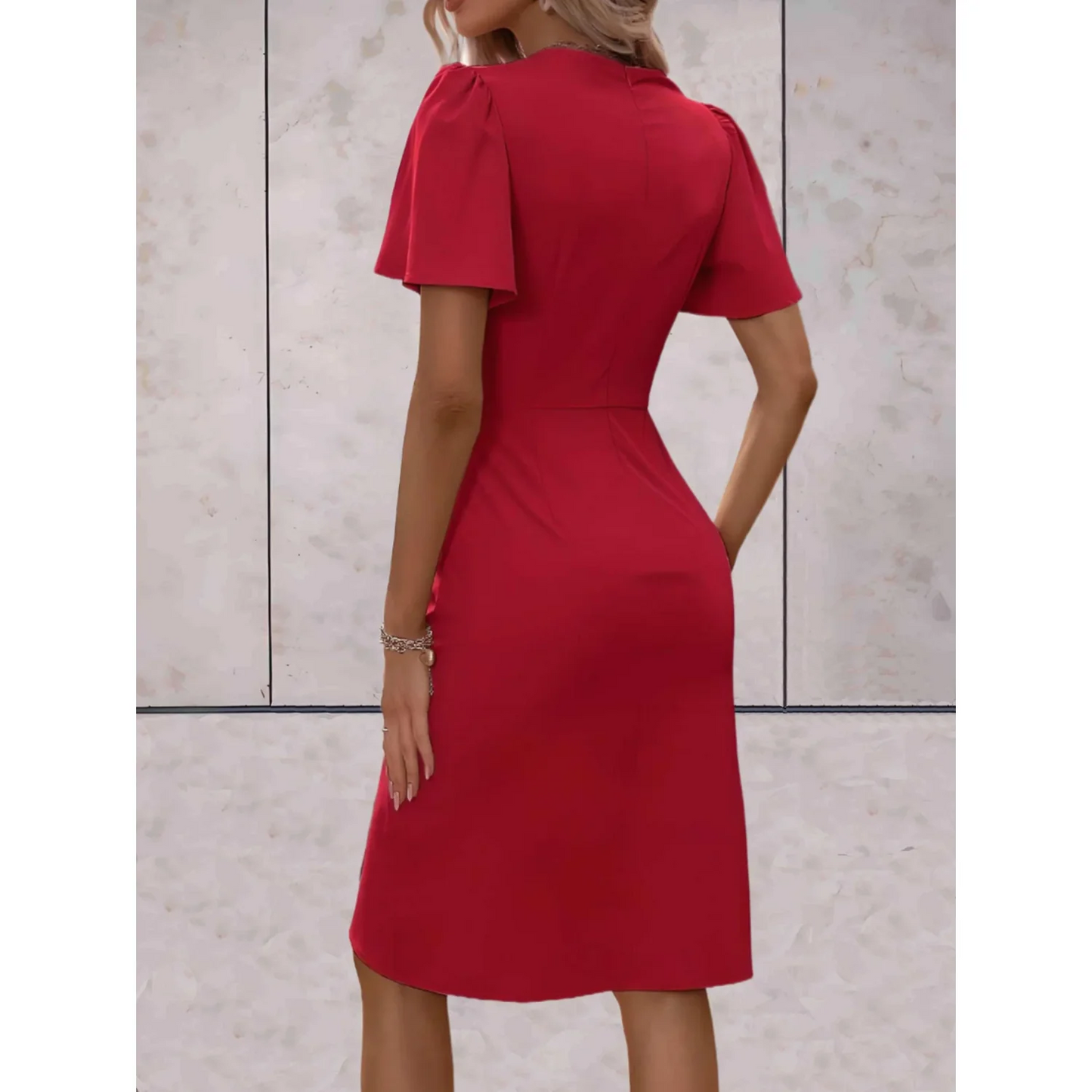 Elegant Autumn Wedding Guest Dress for Women with Wrap V Neck Flutter Sleeve Ruched Tulip Hem Style