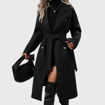 Elegant Black Trench Coat for Women with Lapel Collar Long Sleeve Belted Double Breasted Longline Style