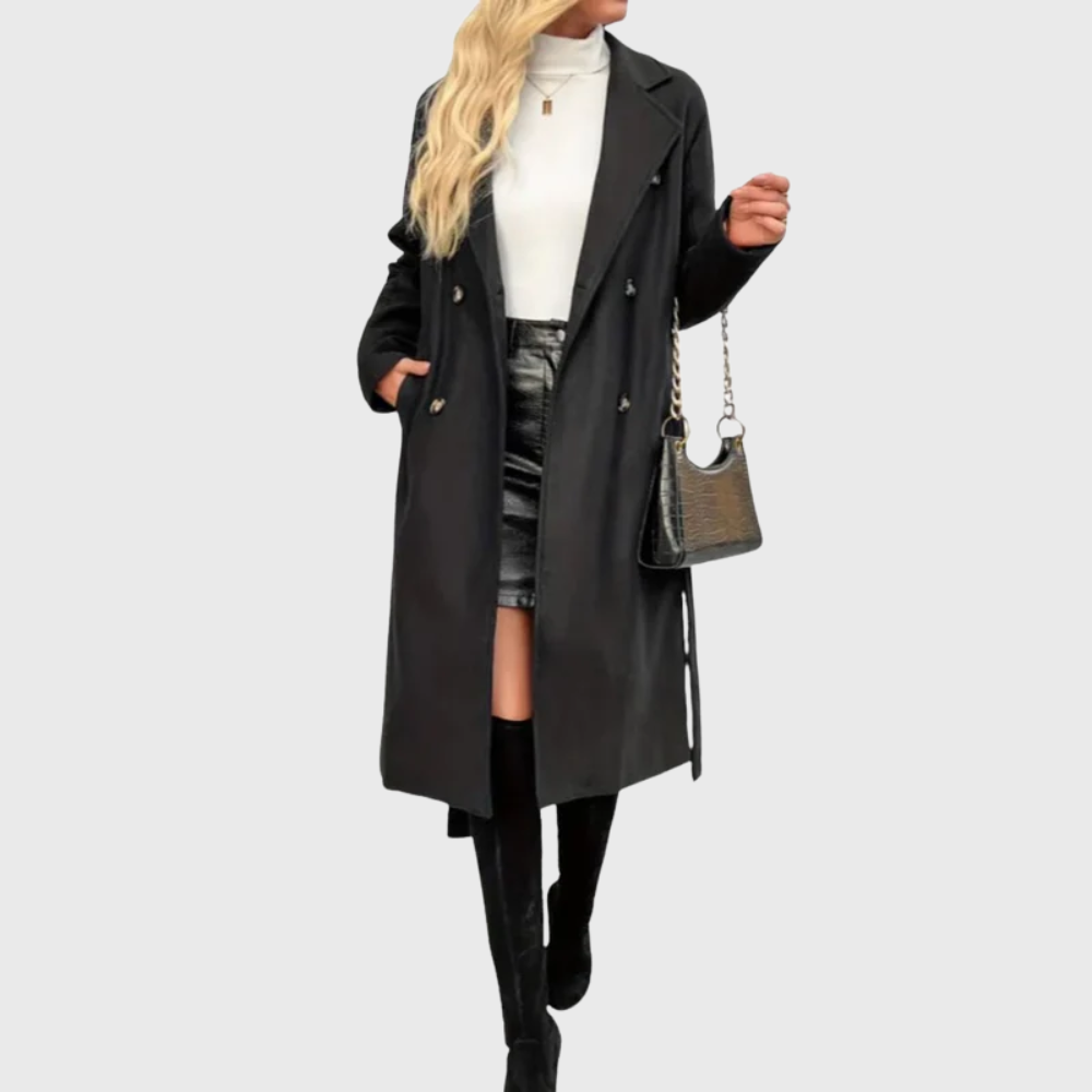 Elegant Black Trench Coat for Women with Lapel Collar Long Sleeve Belted Double Breasted Longline Style