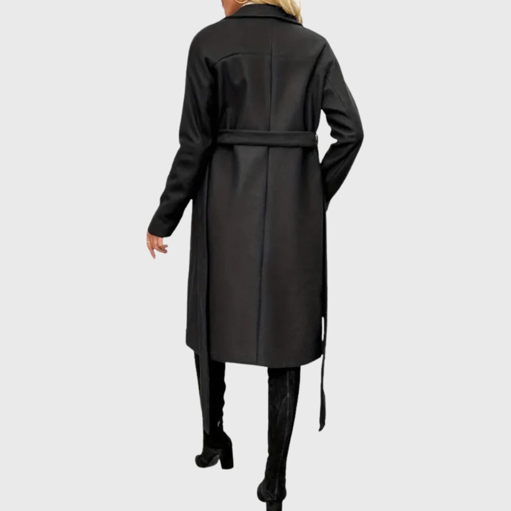 Elegant Black Trench Coat for Women with Lapel Collar Long Sleeve Belted Double Breasted Longline Style