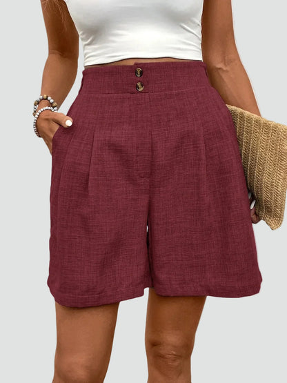 Effortless Linen Bermuda Shorts for Women with High Waist Button Front Pleated Wide Leg Casual Style