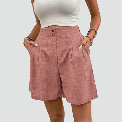 Effortless Linen Bermuda Shorts for Women with High Waist Button Front Pleated Wide Leg Casual Style