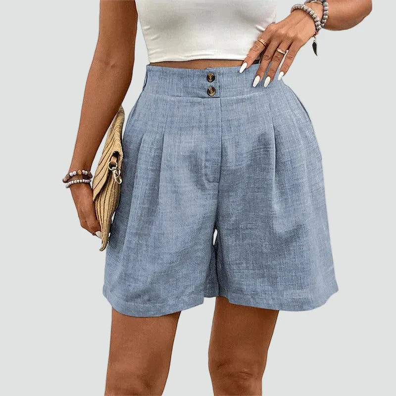 Effortless Linen Bermuda Shorts for Women with High Waist Button Front Pleated Wide Leg Casual Style