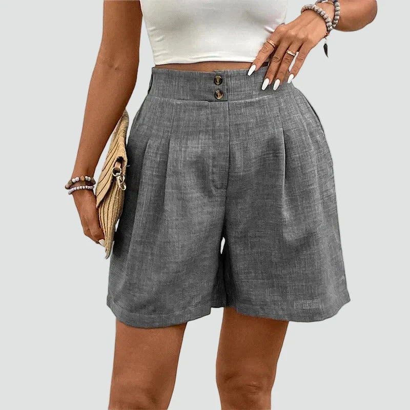 Effortless Linen Bermuda Shorts for Women with High Waist Button Front Pleated Wide Leg Casual Style