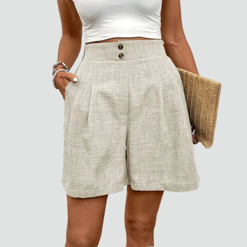 Effortless Linen Bermuda Shorts for Women with High Waist Button Front Pleated Wide Leg Casual Style