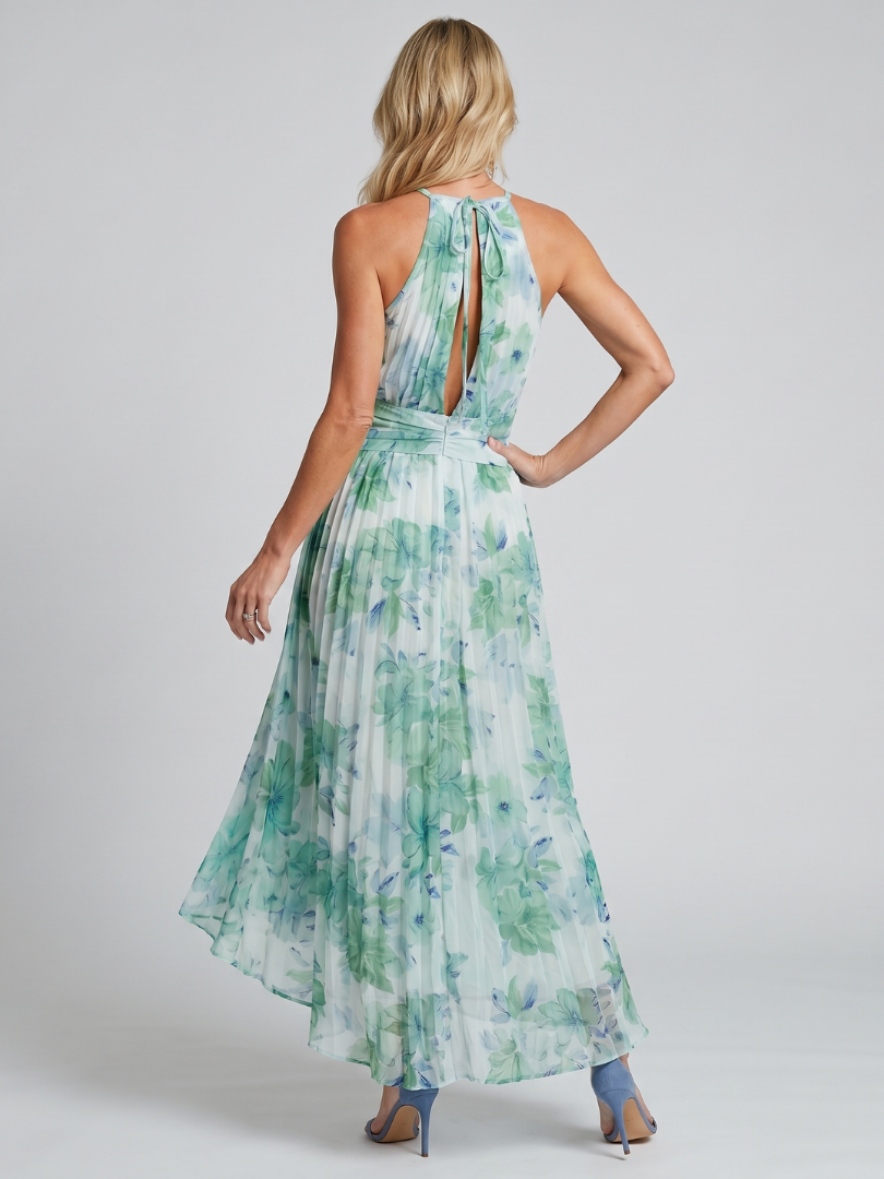 Elegant Green Floral Chiffon Cocktail Dress for Women with Halter Neck Ruched Waist High Low Flowing Style