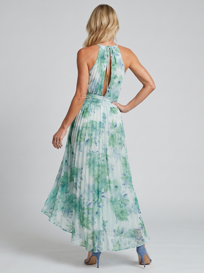 Elegant Green Floral Chiffon Cocktail Dress for Women with Halter Neck Ruched Waist High Low Flowing Style