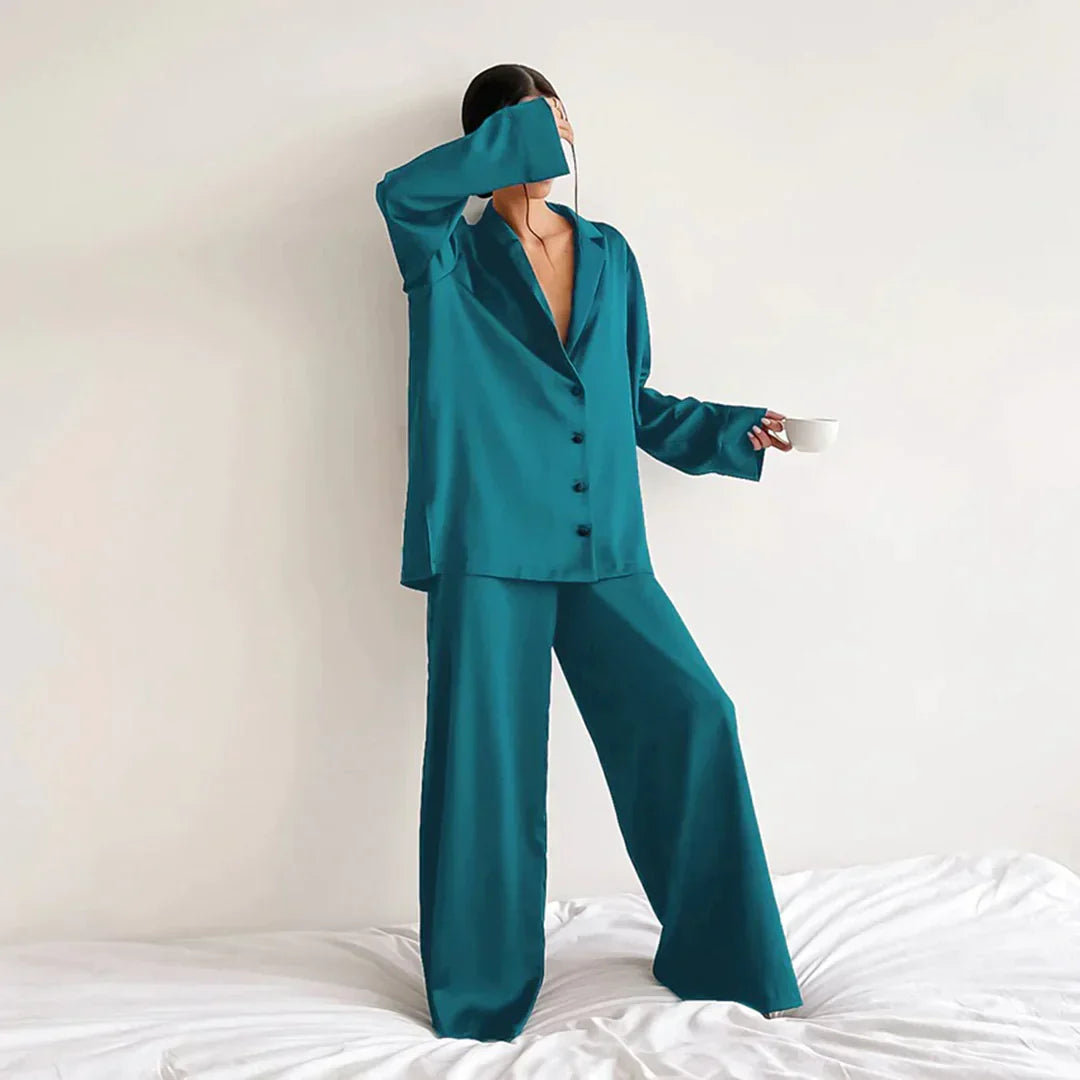 Effortless Satin Pajama Set for Women with Collar Long Sleeve Wide Leg Two Piece Style