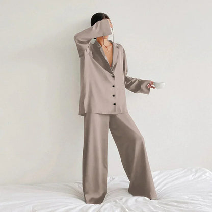 Effortless Satin Pajama Set for Women with Collar Long Sleeve Wide Leg Two Piece Style