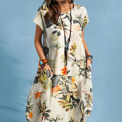 Effortless Floral Print Midi Dress for Women with Round Neck Short Sleeve Relaxed Bohemian Style