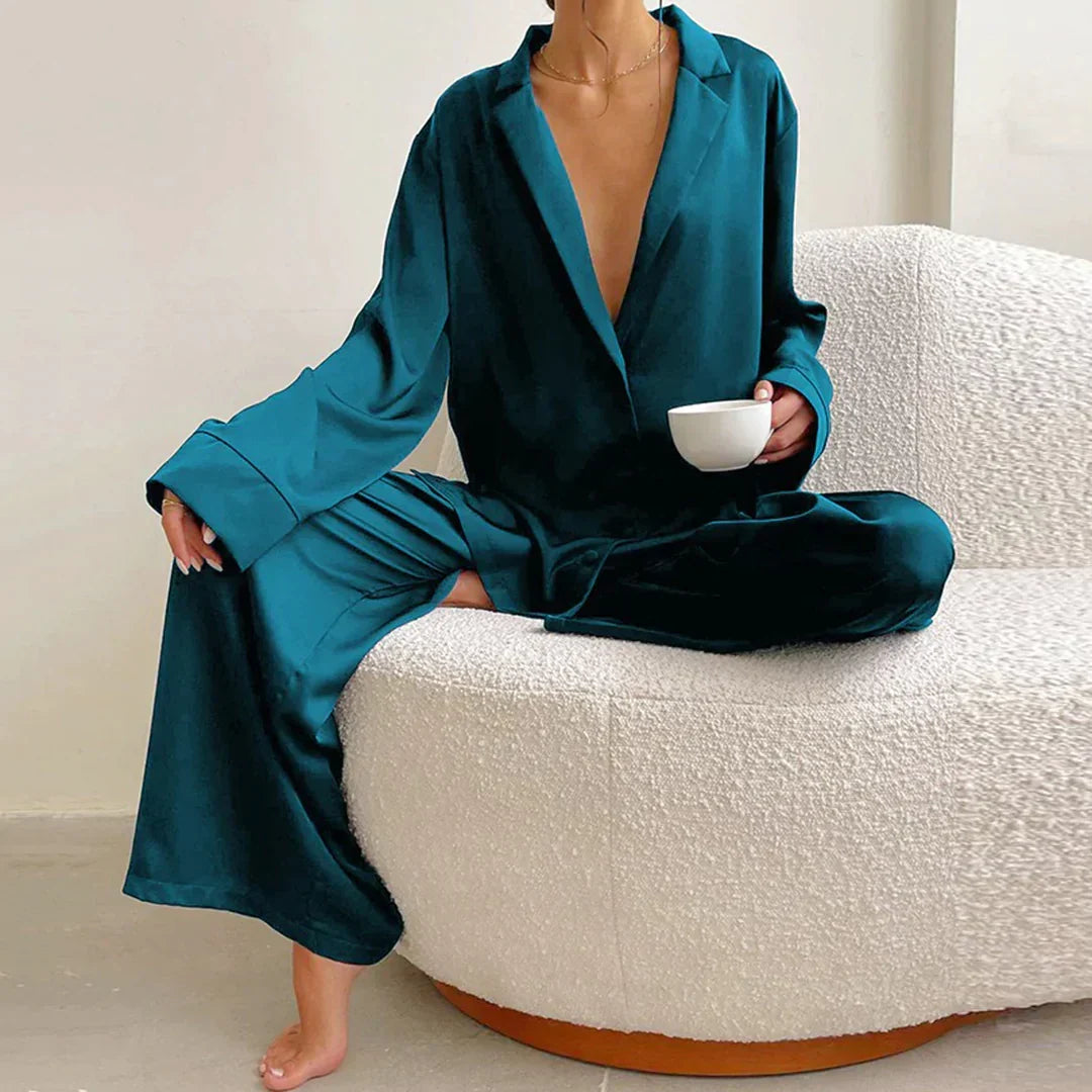 Effortless Satin Pajama Set for Women with Collar Long Sleeve Wide Leg Two Piece Style