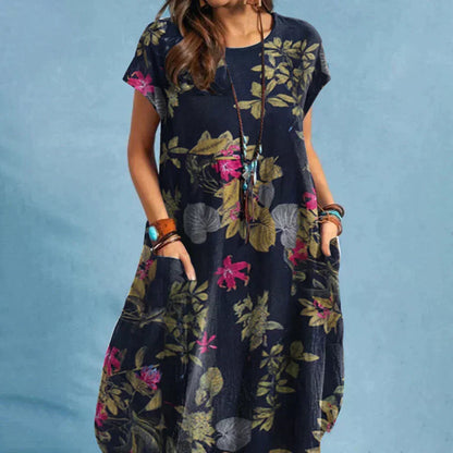 Effortless Floral Print Midi Dress for Women with Round Neck Short Sleeve Relaxed Bohemian Style