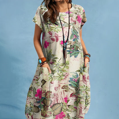 Effortless Floral Print Midi Dress for Women with Round Neck Short Sleeve Relaxed Bohemian Style