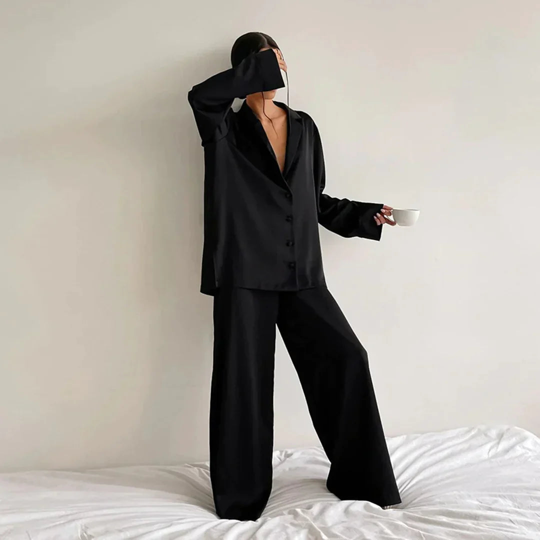 Effortless Satin Pajama Set for Women with Collar Long Sleeve Wide Leg Two Piece Style