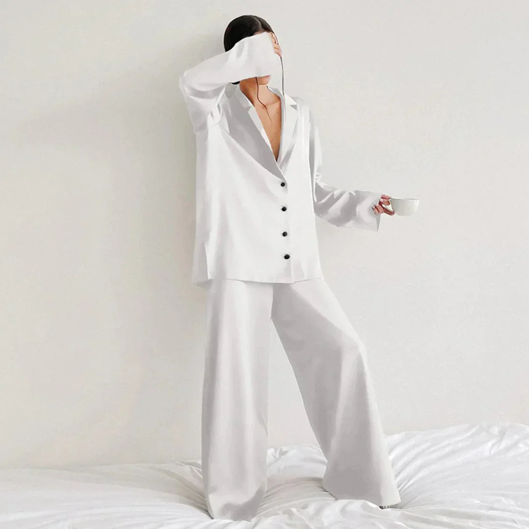 Effortless Satin Pajama Set for Women with Collar Long Sleeve Wide Leg Two Piece Style