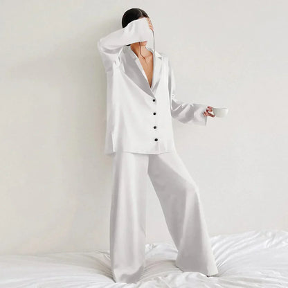 Effortless Satin Pajama Set for Women with Collar Long Sleeve Wide Leg Two Piece Style