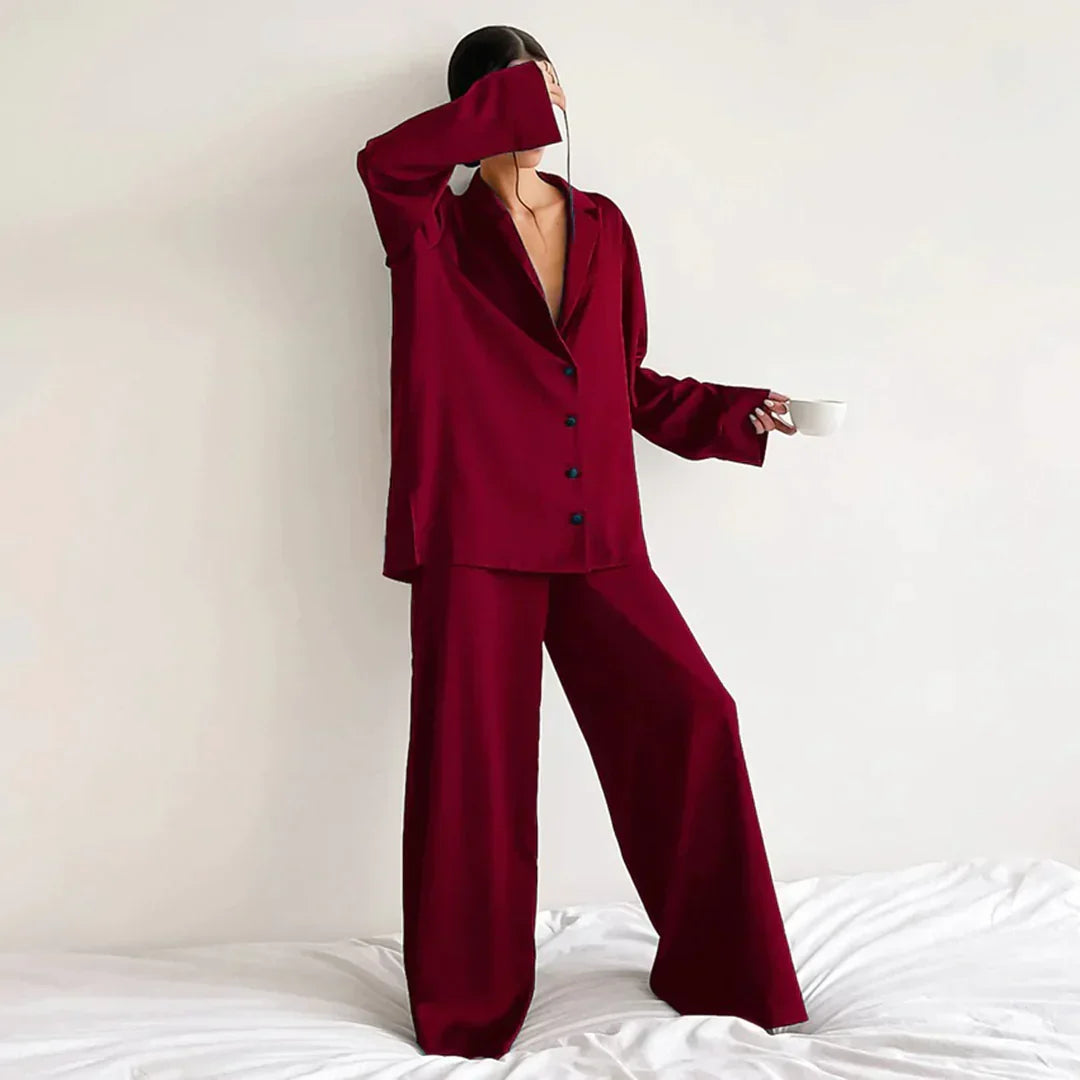Effortless Satin Pajama Set for Women with Collar Long Sleeve Wide Leg Two Piece Style