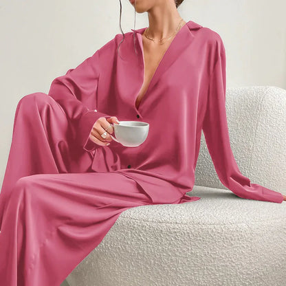 Effortless Satin Pajama Set for Women with Collar Long Sleeve Wide Leg Two Piece Style