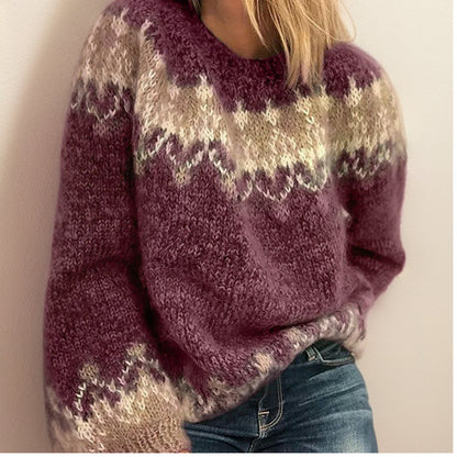 Comfortable Fair Isle Knit Sweater for Women with Crew Neck Long Sleeve Relaxed Oversized Casual Style
