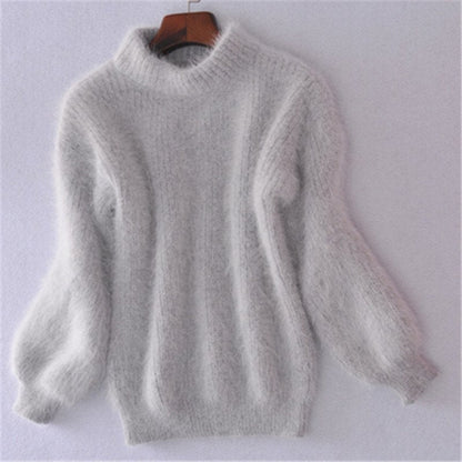 Comfortable Fuzzy Knit Sweater for Women with Turtleneck Lantern Sleeve Oversized Relaxed Style