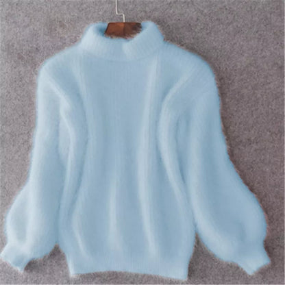 Comfortable Fuzzy Knit Sweater for Women with Turtleneck Lantern Sleeve Oversized Relaxed Style