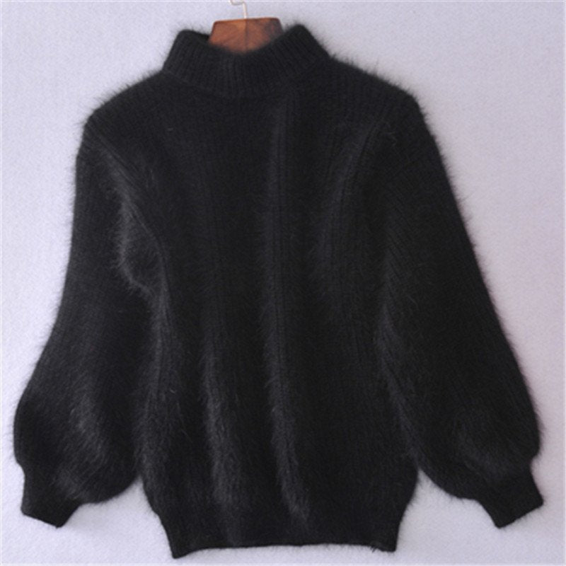 Comfortable Fuzzy Knit Sweater for Women with Turtleneck Lantern Sleeve Oversized Relaxed Style