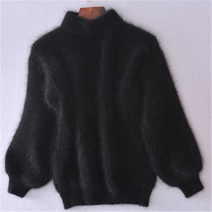 Comfortable Fuzzy Knit Sweater for Women with Turtleneck Lantern Sleeve Oversized Relaxed Style