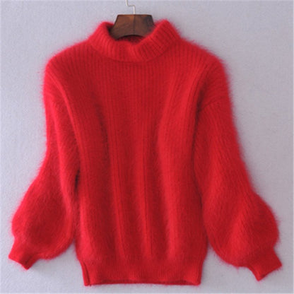 Comfortable Fuzzy Knit Sweater for Women with Turtleneck Lantern Sleeve Oversized Relaxed Style