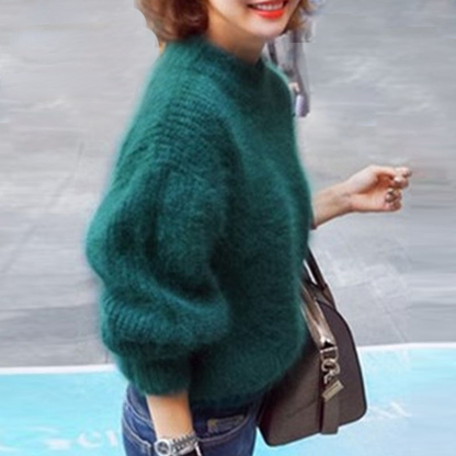 Comfortable Fuzzy Knit Sweater for Women with Turtleneck Lantern Sleeve Oversized Relaxed Style