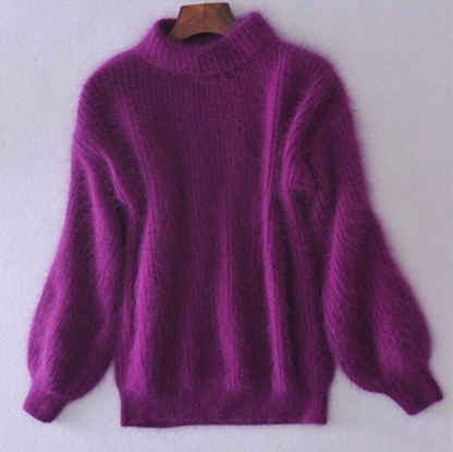 Comfortable Fuzzy Knit Sweater for Women with Turtleneck Lantern Sleeve Oversized Relaxed Style