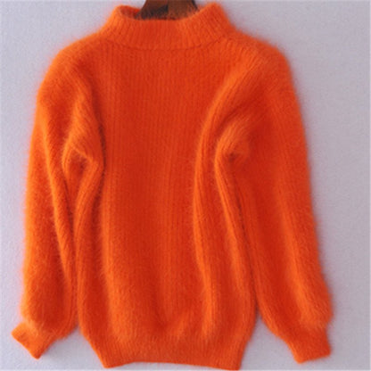 Comfortable Fuzzy Knit Sweater for Women with Turtleneck Lantern Sleeve Oversized Relaxed Style