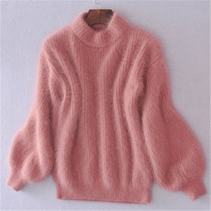 Comfortable Fuzzy Knit Sweater for Women with Turtleneck Lantern Sleeve Oversized Relaxed Style