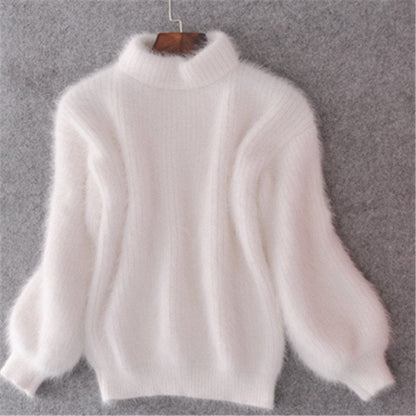 Comfortable Fuzzy Knit Sweater for Women with Turtleneck Lantern Sleeve Oversized Relaxed Style