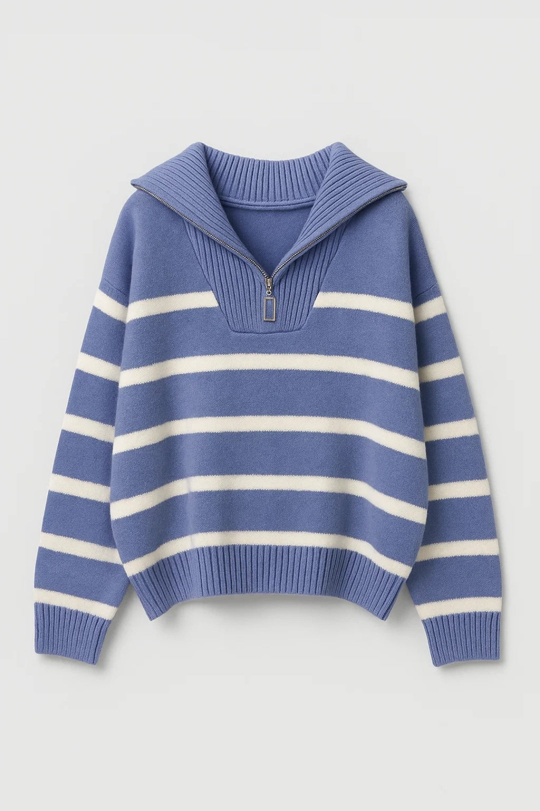 Cozy Striped Quarter-Zip Knit Sweater for Women with Fold-Over Collar Long Sleeve Oversized Pullover Style