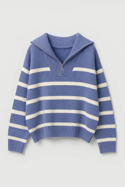 Cozy Striped Quarter-Zip Knit Sweater for Women with Fold-Over Collar Long Sleeve Oversized Pullover Style