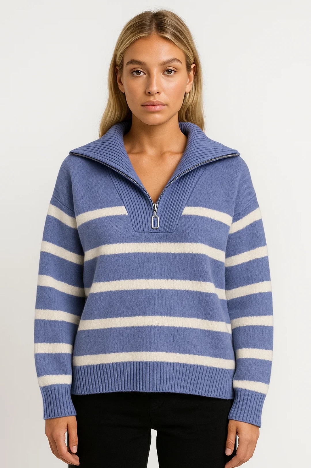 Cozy Striped Quarter-Zip Knit Sweater for Women with Fold-Over Collar Long Sleeve Oversized Pullover Style