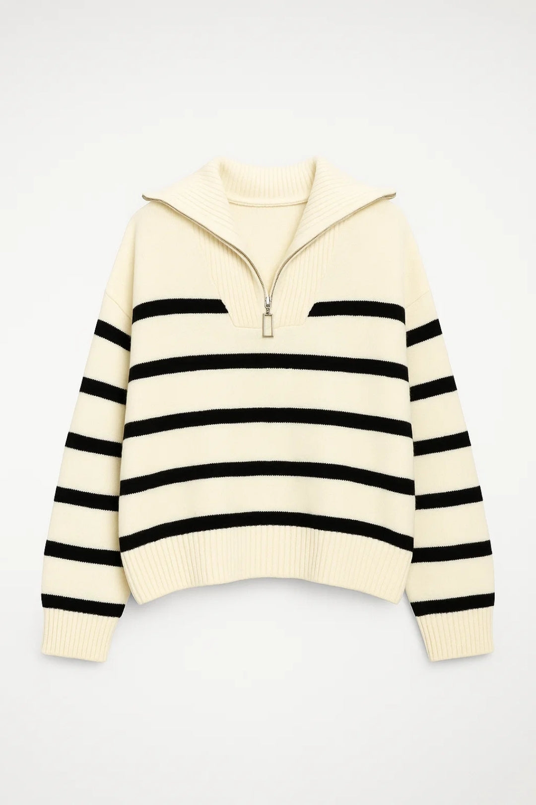 Cozy Striped Quarter-Zip Knit Sweater for Women with Fold-Over Collar Long Sleeve Oversized Pullover Style