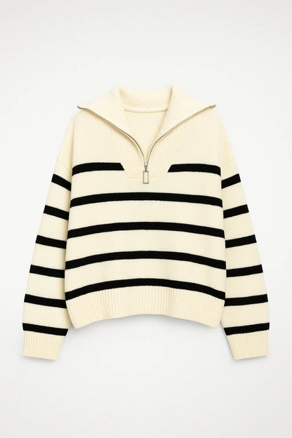 Cozy Striped Quarter-Zip Knit Sweater for Women with Fold-Over Collar Long Sleeve Oversized Pullover Style