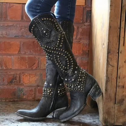 Stylish Cowgirl Boots for Women with Studded Embroidered Pointed Toe Chunky Heel Western Style