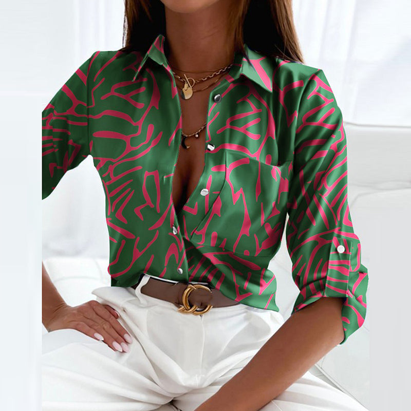 Effortless Abstract Print Shirt for Women with Collar Elbow Sleeve Button Front Casual Style