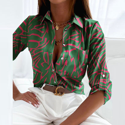 Effortless Abstract Print Shirt for Women with Collar Elbow Sleeve Button Front Casual Style