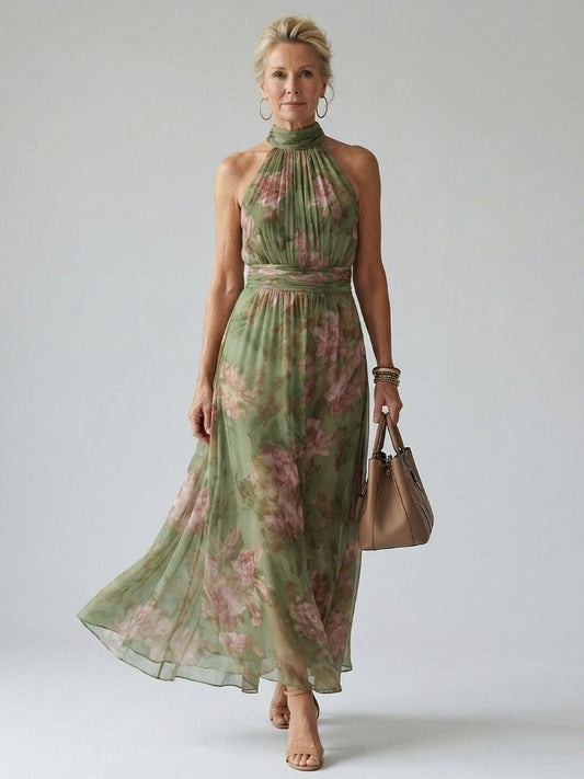 Elegant Sage Green Floral Midi Dress for Women with Halter Neck Ruched Flowing Wedding Guest Style