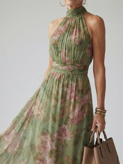Elegant Sage Green Floral Midi Dress for Women with Halter Neck Ruched Flowing Wedding Guest Style