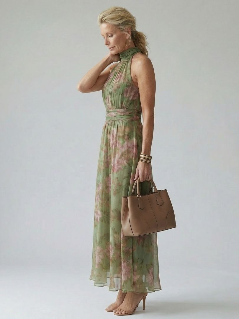 Elegant Sage Green Floral Midi Dress for Women with Halter Neck Ruched Flowing Wedding Guest Style