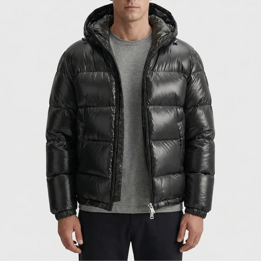 Cozy Black Puffer Jacket for Men with Hooded Collar Long Sleeve Zip Up Glossy Quilted Style