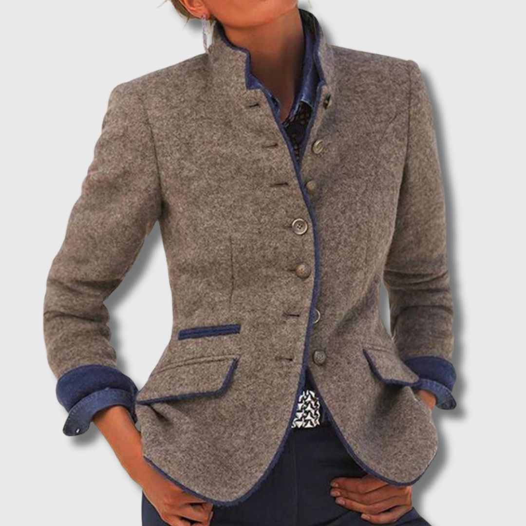 Elegant Wool Blazer for Women with Stand Collar Long Sleeve Contrast Trim Tailored Style