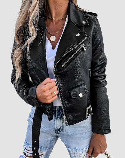 Edgy Leather Jacket for Women with Notched Lapel Long Sleeve Zip Front Belted Biker Style