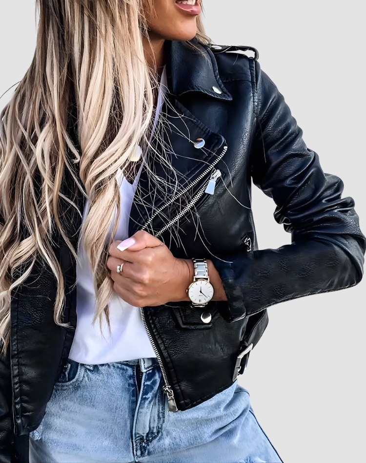 Edgy Leather Jacket for Women with Notched Lapel Long Sleeve Zip Front Belted Biker Style