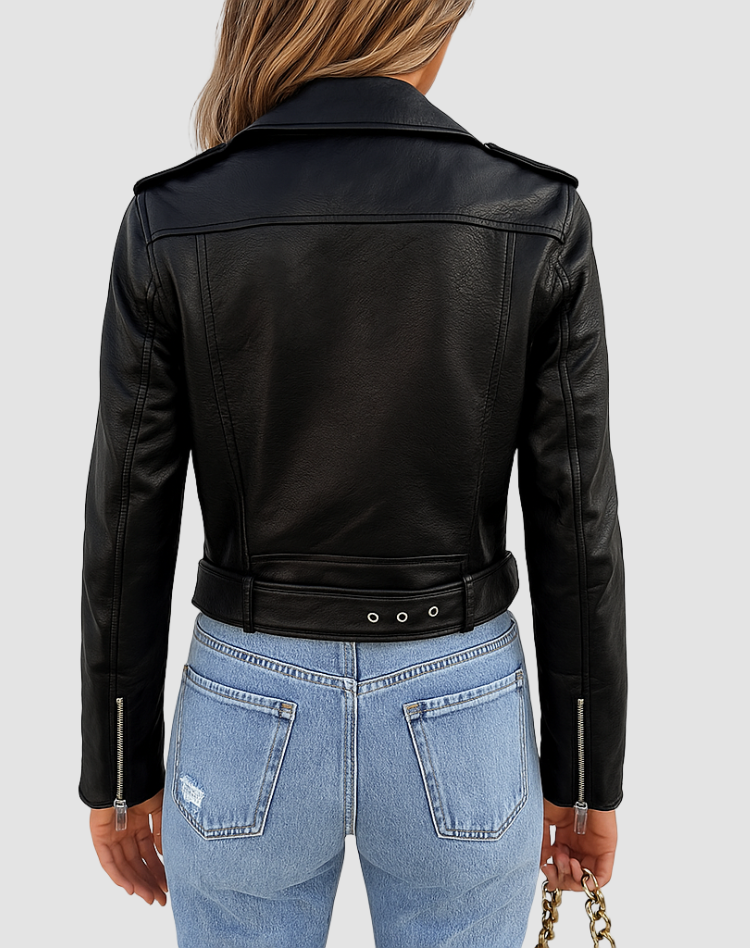 Edgy Leather Jacket for Women with Notched Lapel Long Sleeve Zip Front Belted Biker Style