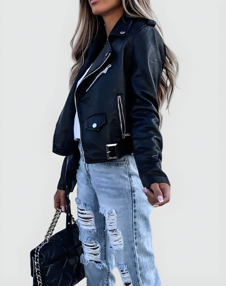 Edgy Leather Jacket for Women with Notched Lapel Long Sleeve Zip Front Belted Biker Style